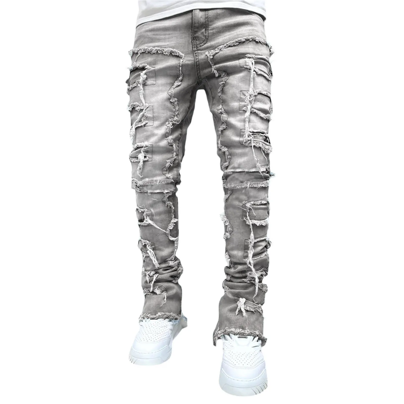 Men Trousers Individual Patched Pants Long Tight Fit Stacked Jeans for Mens Clothing