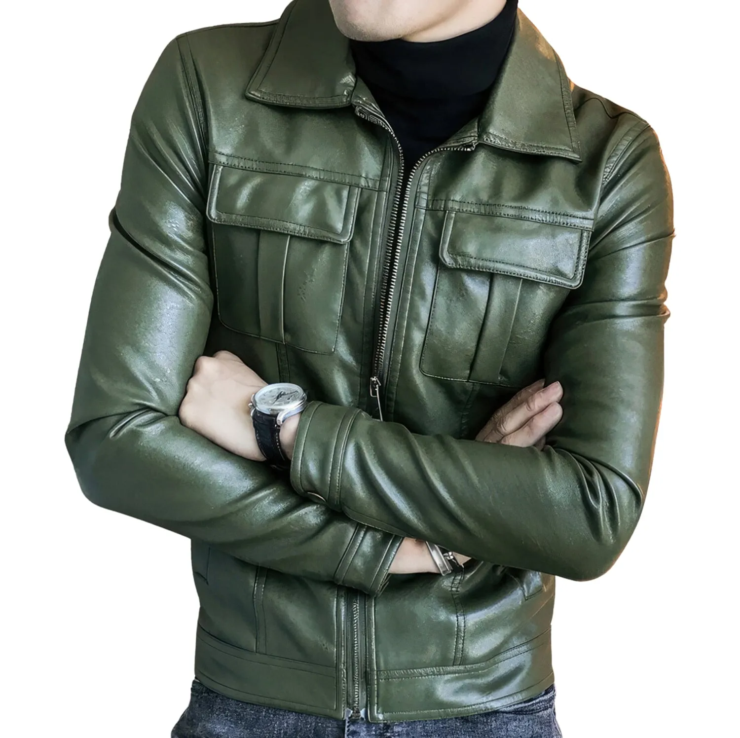 Men’s Green Biker Genuine Sheepskin Shirt Collar Café Racer Retro Zip-Up Casual Slim Fit Moto Rider Smooth Leather Jacket