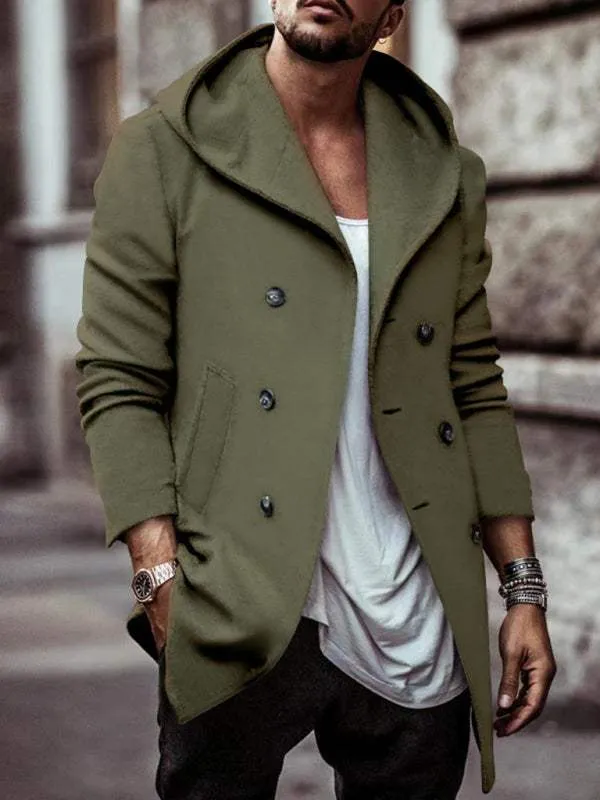 Men's mid-length lapel hooded double-breasted casual trench coat