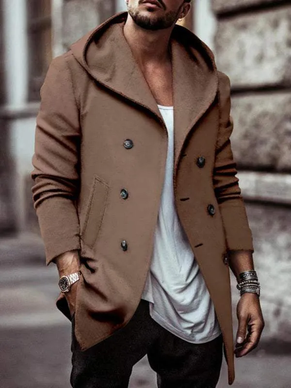 Men's mid-length lapel hooded double-breasted casual trench coat