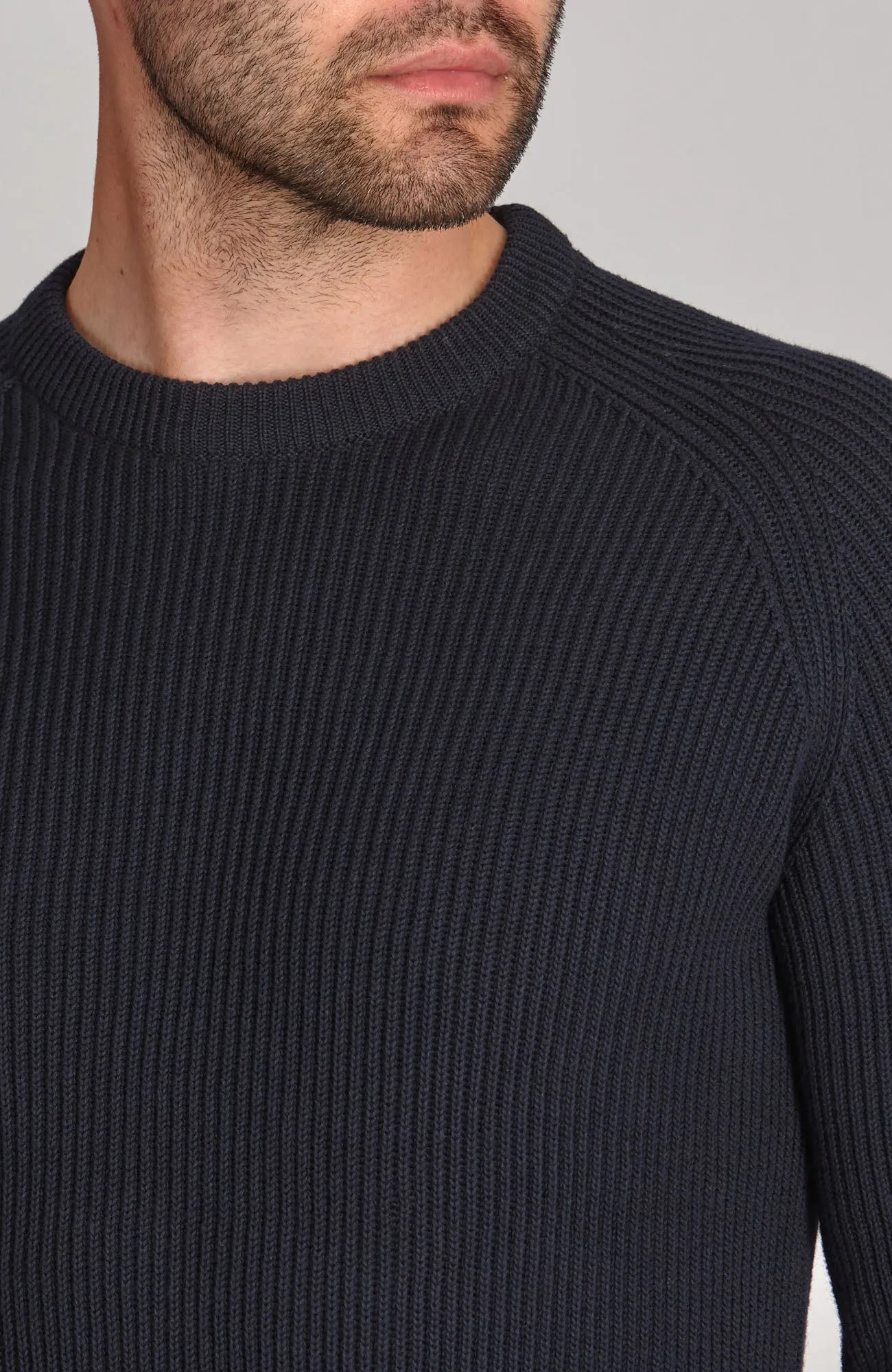 Mens Midweight Cotton Ribbed Crew Neck Jumper