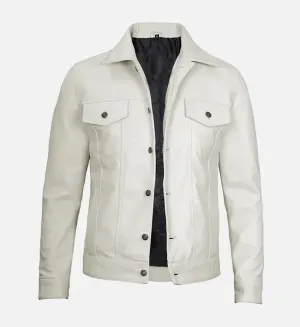 Men's Off White Real Leather Trucker Jacket