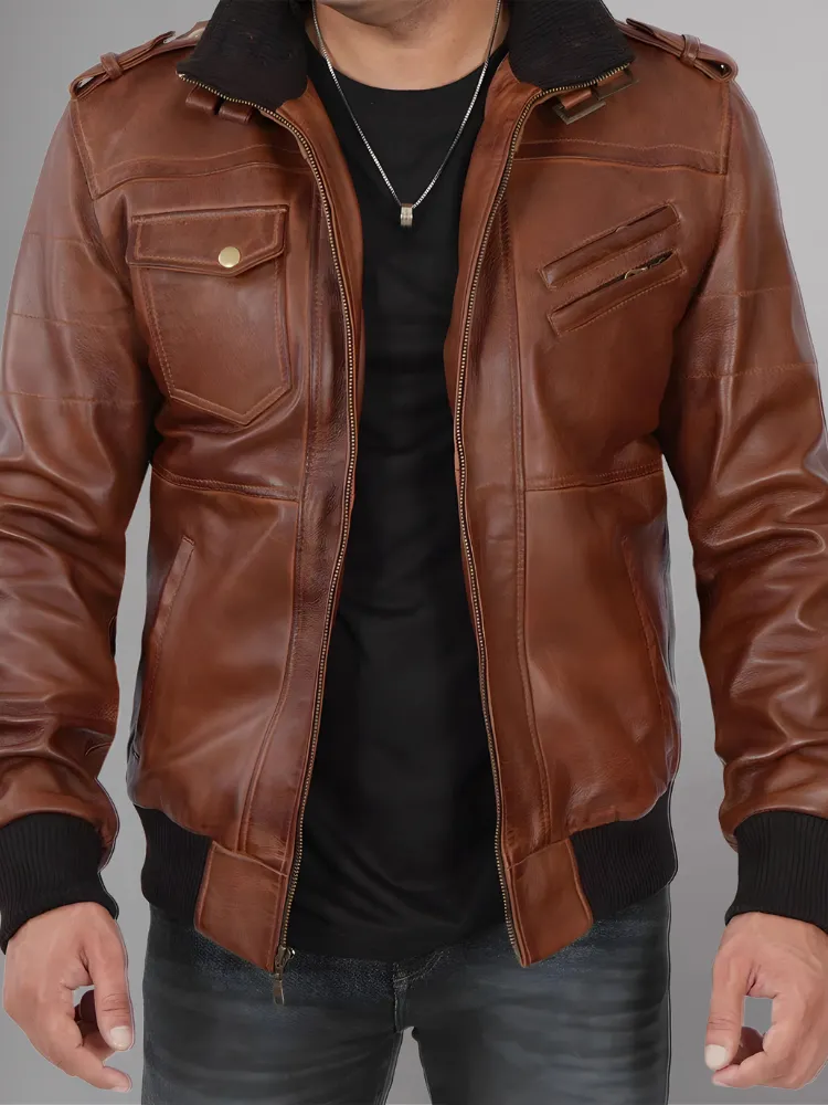 Mens Removable Hood Bomber Leather Jacket