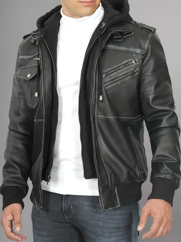 Mens Removable Hood Bomber Leather Jacket