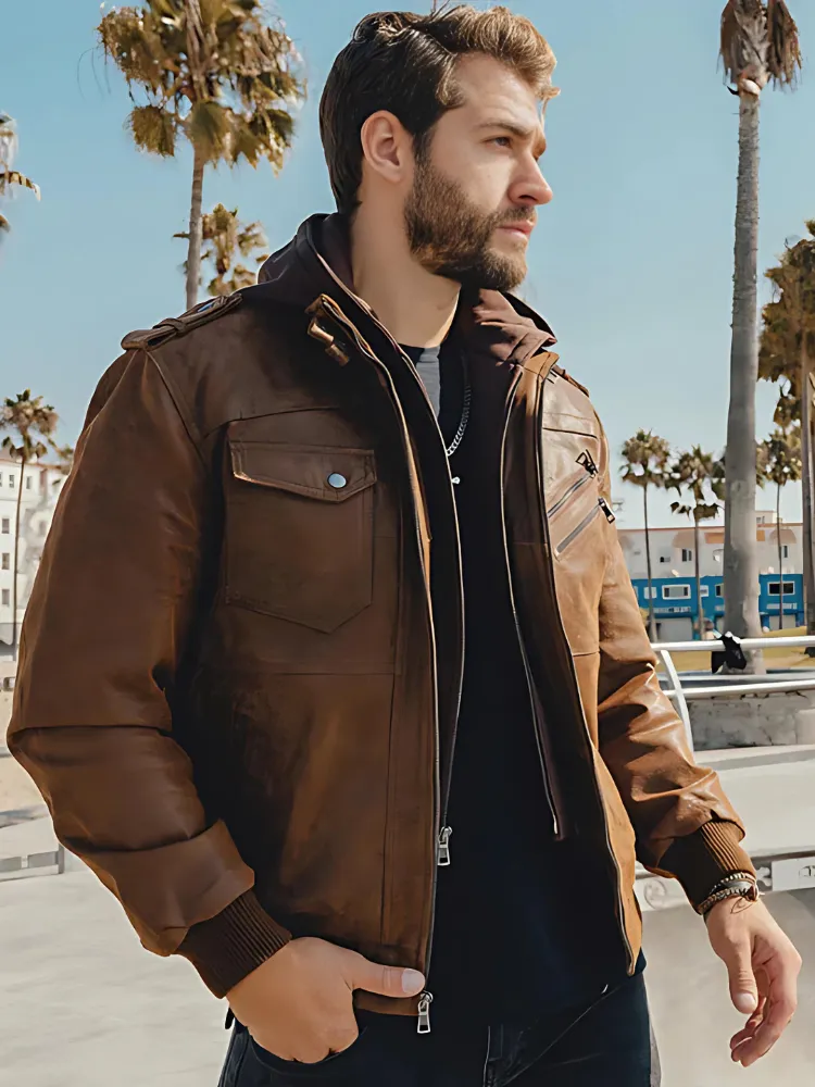 Mens Removable Hood Bomber Leather Jacket