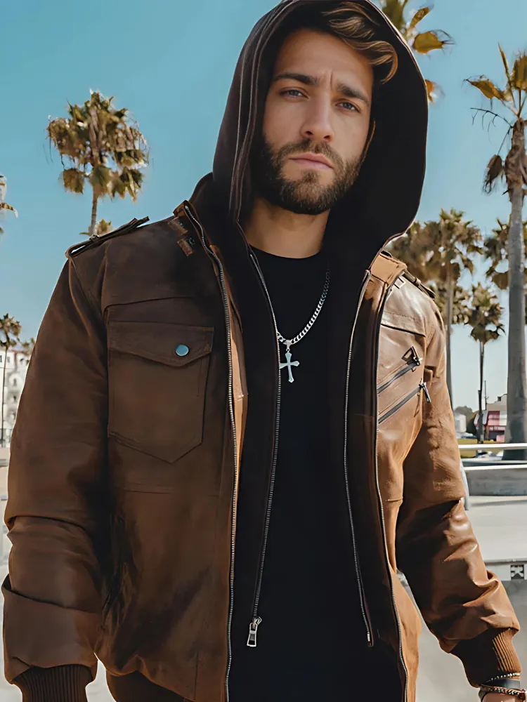 Mens Removable Hood Bomber Leather Jacket