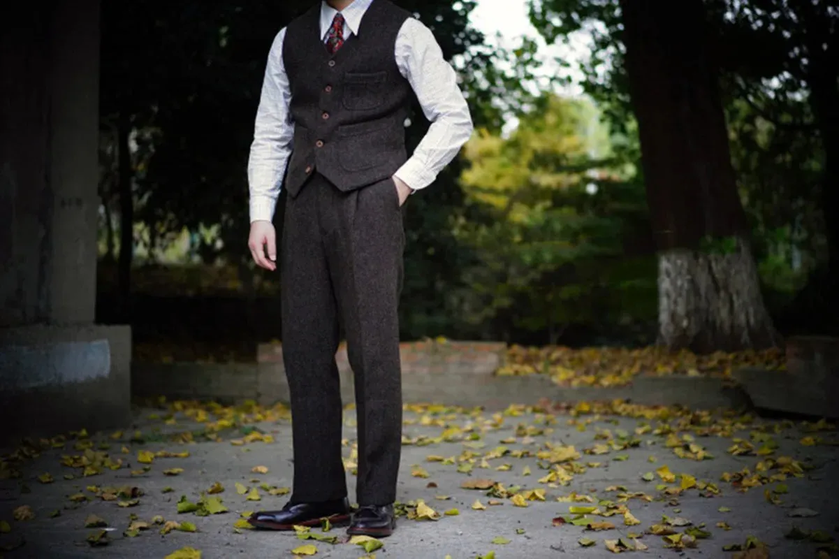 Men's Safari Tweed Vest - Victorian Elegant Classic Groom's Waistcoat