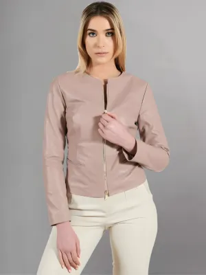 Pink powder natural leather jacket round collar smooth aspect