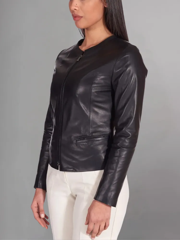 Pink powder natural leather jacket round collar smooth aspect