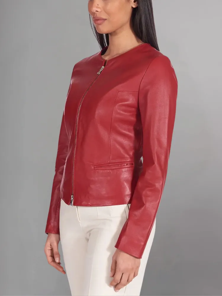 Pink powder natural leather jacket round collar smooth aspect