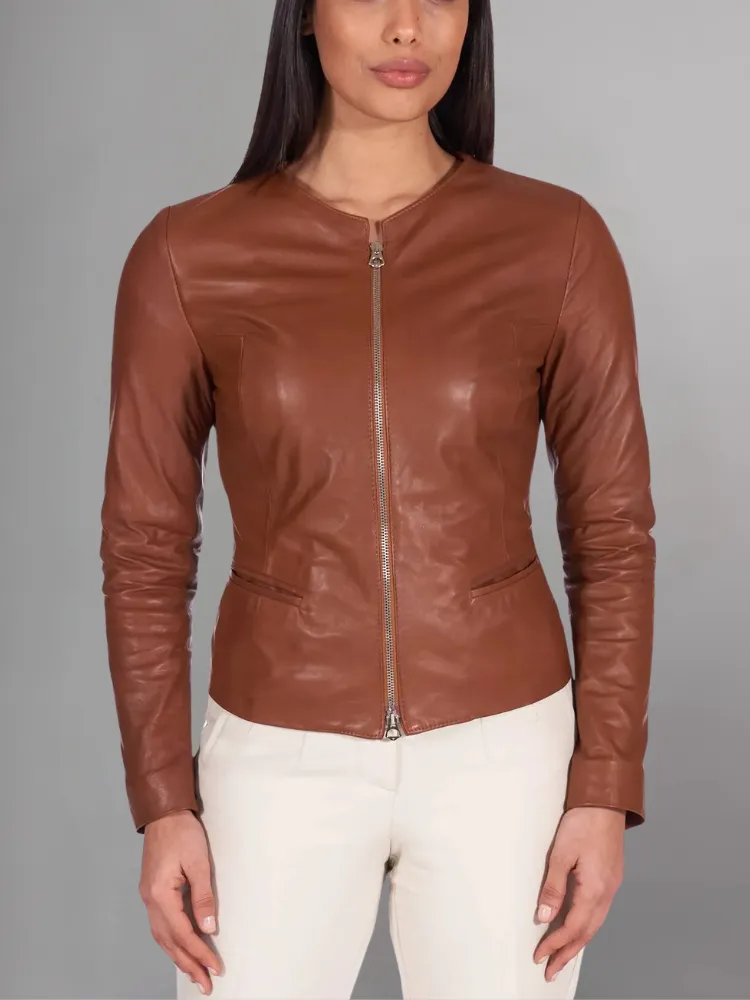 Pink powder natural leather jacket round collar smooth aspect