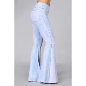 Powder Blue Mineral Wash French Terry Flared Bell Bottom Pull On Pants w/ Pockets