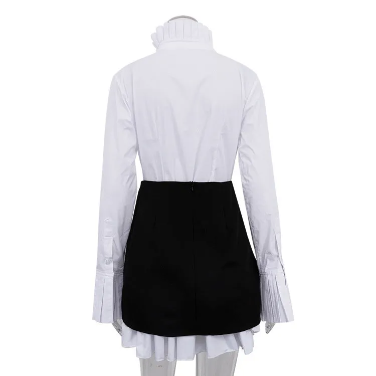 Pre Order:  Retro Flared Sleeves Pleated Stand Collar Shirt   Skirt Set