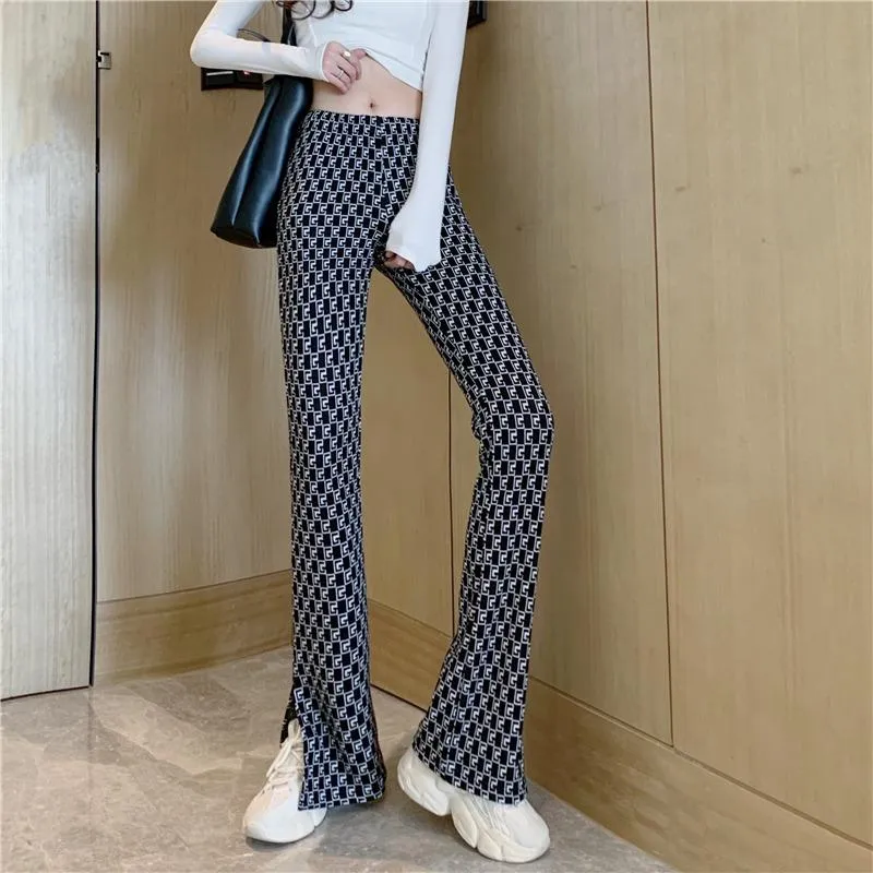 Retro Pattern Flared High Waist Slim Black Pants