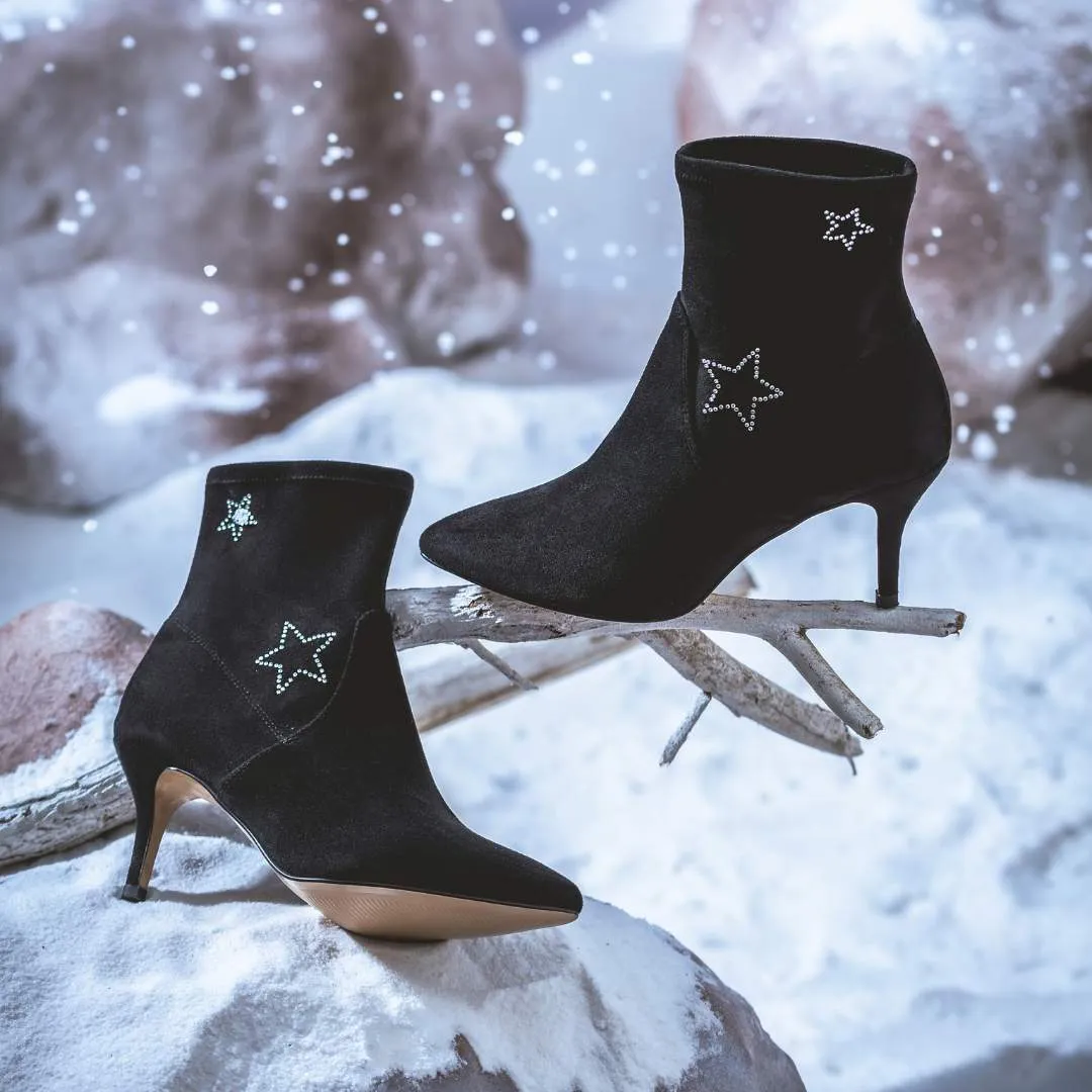 Saint Penelope Silver Star Black Stretch Suede Kitten Ankle Boots