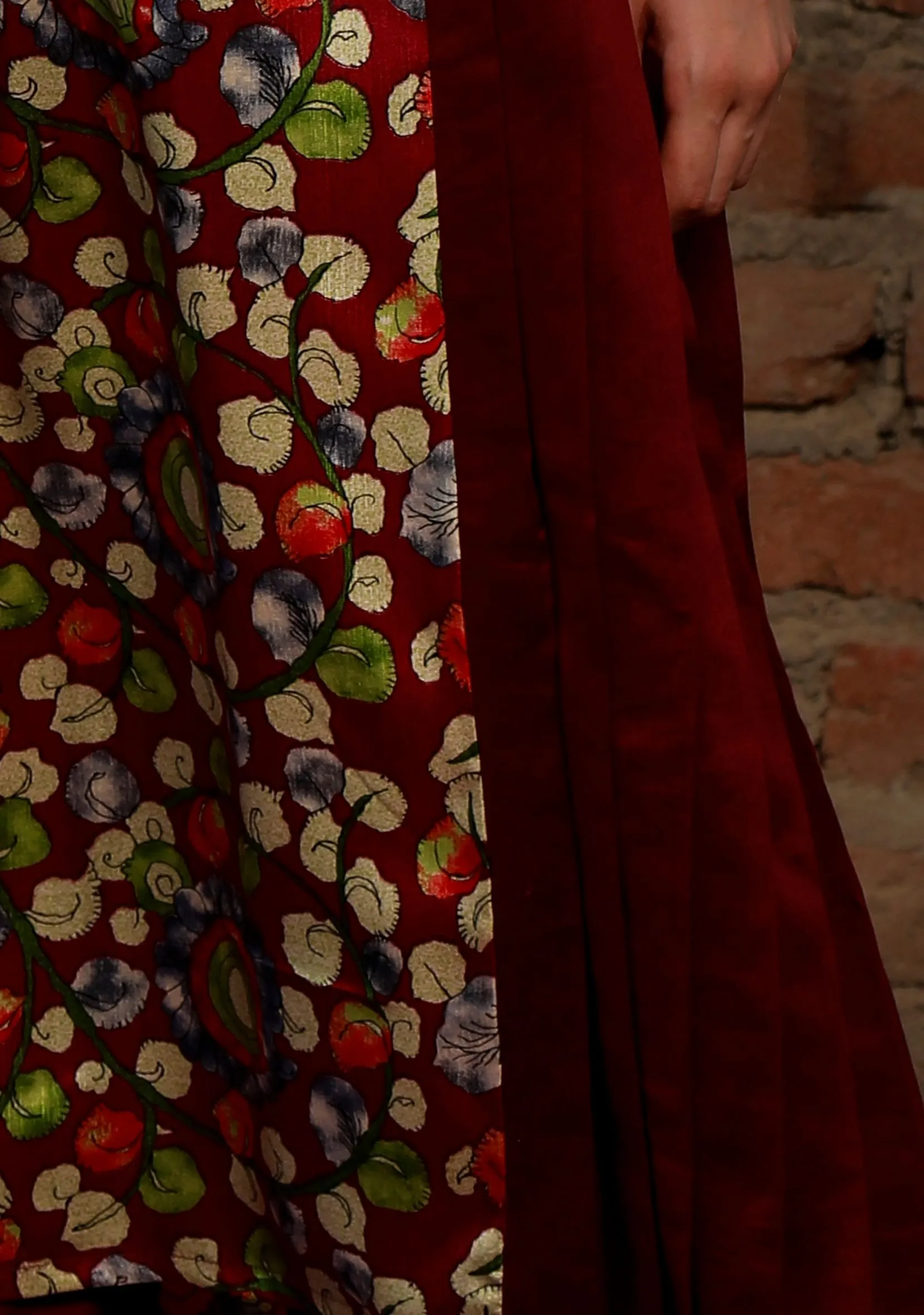 Set Of 2: Maroon Kalamkari  Plated Kurta With Narrow Pants