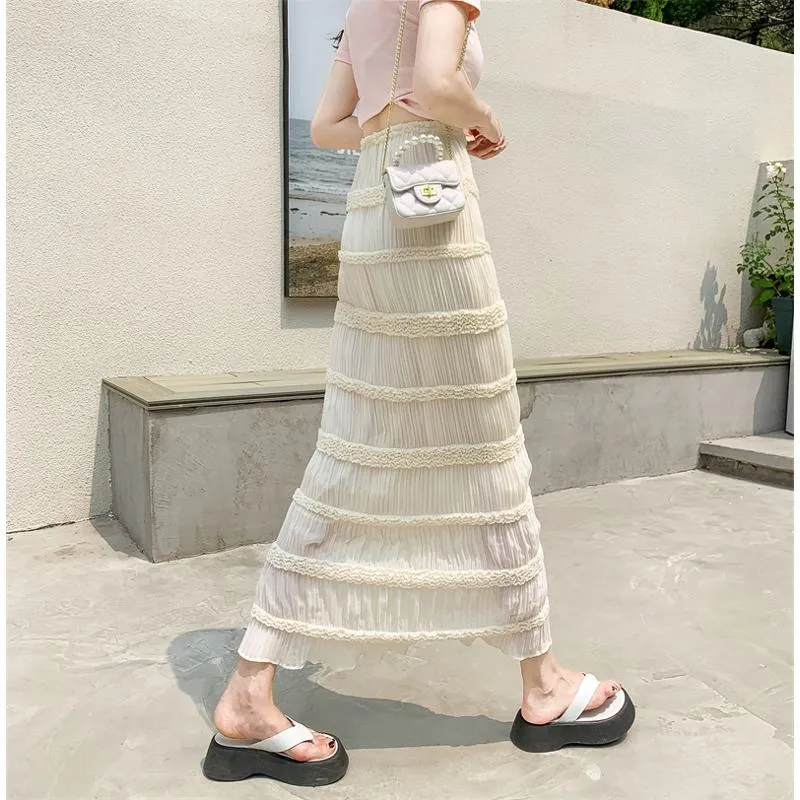 Solid Patchwork Chiffon Versatile Lace French Style Elastic Waist Skirt