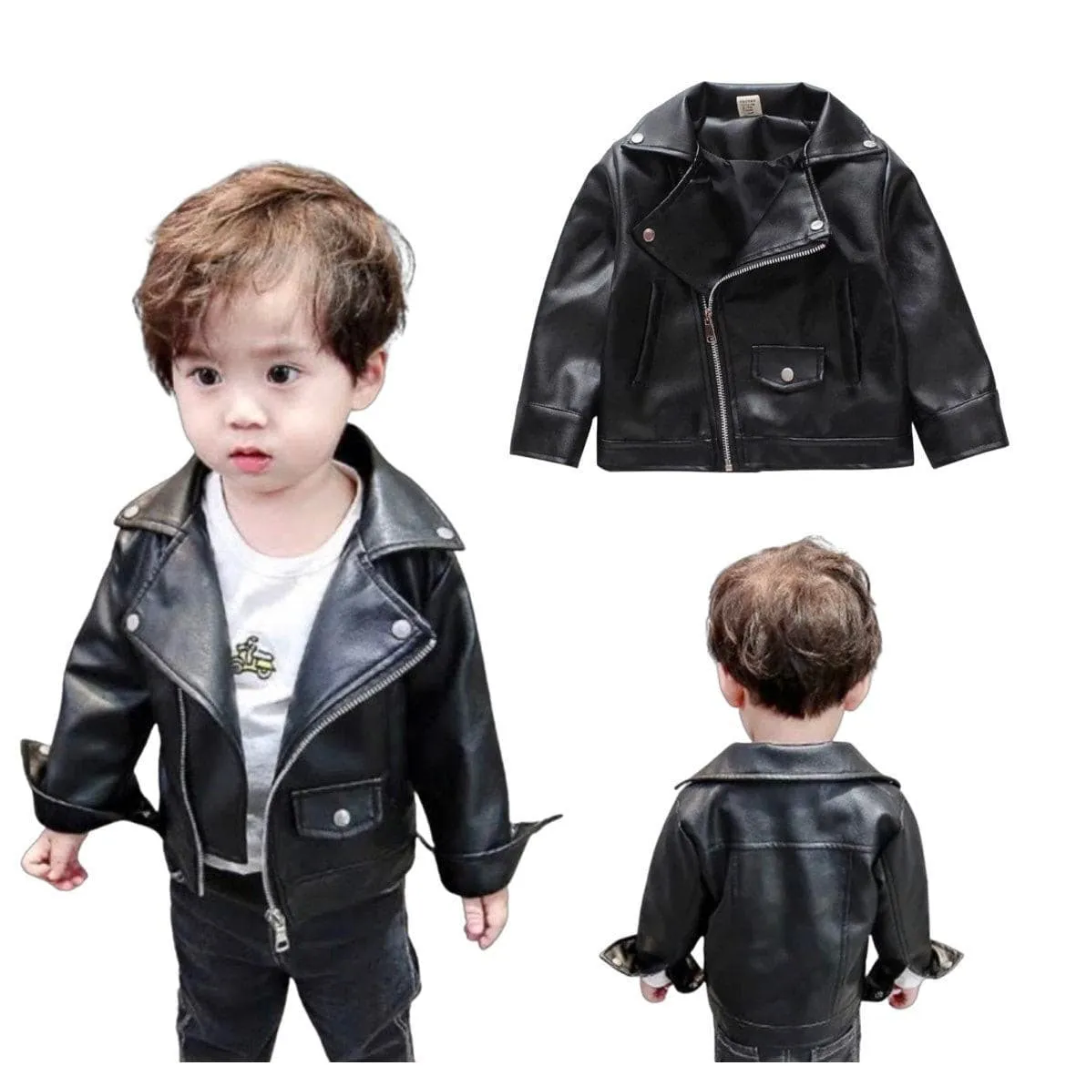 Unisex Black Leather Jacket for Baby and Toddlers, Size 1 year to 5 years