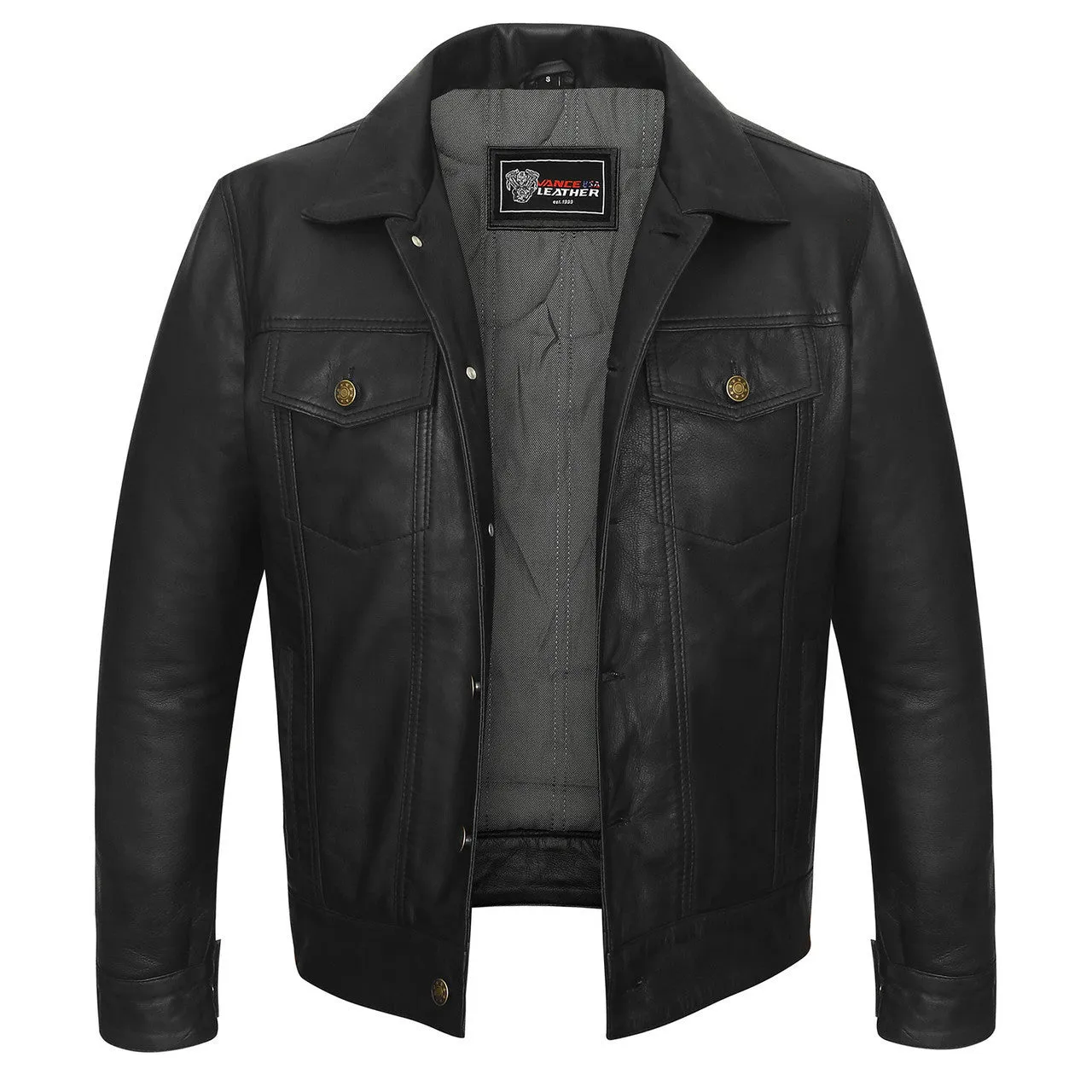 Vance Leathers' Mens Black Premium Classic Motorcycle Trucker Leather Jacket