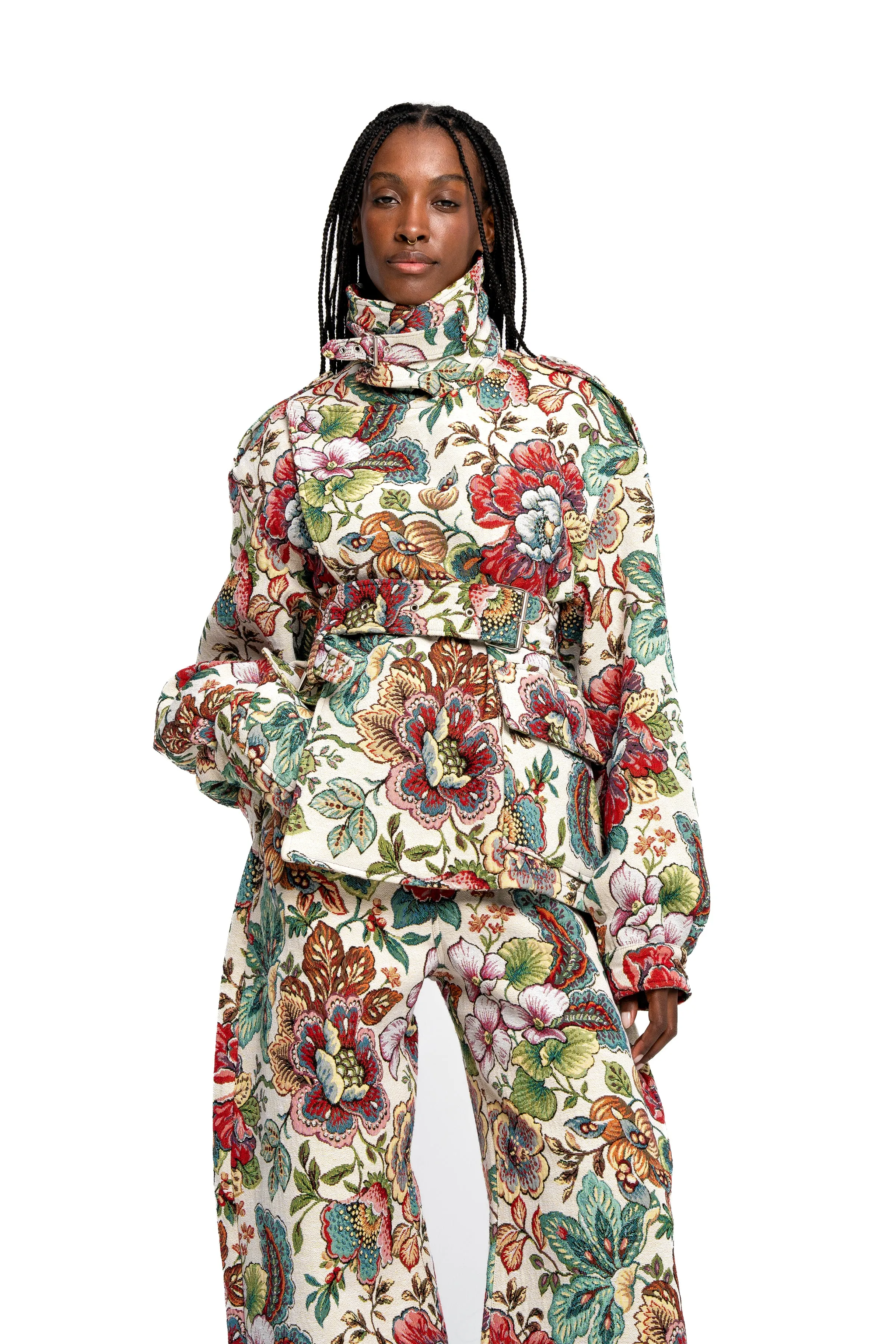 WHITE FLORAL BROCADE CROPPED TRENCH COAT STYLE JACKET