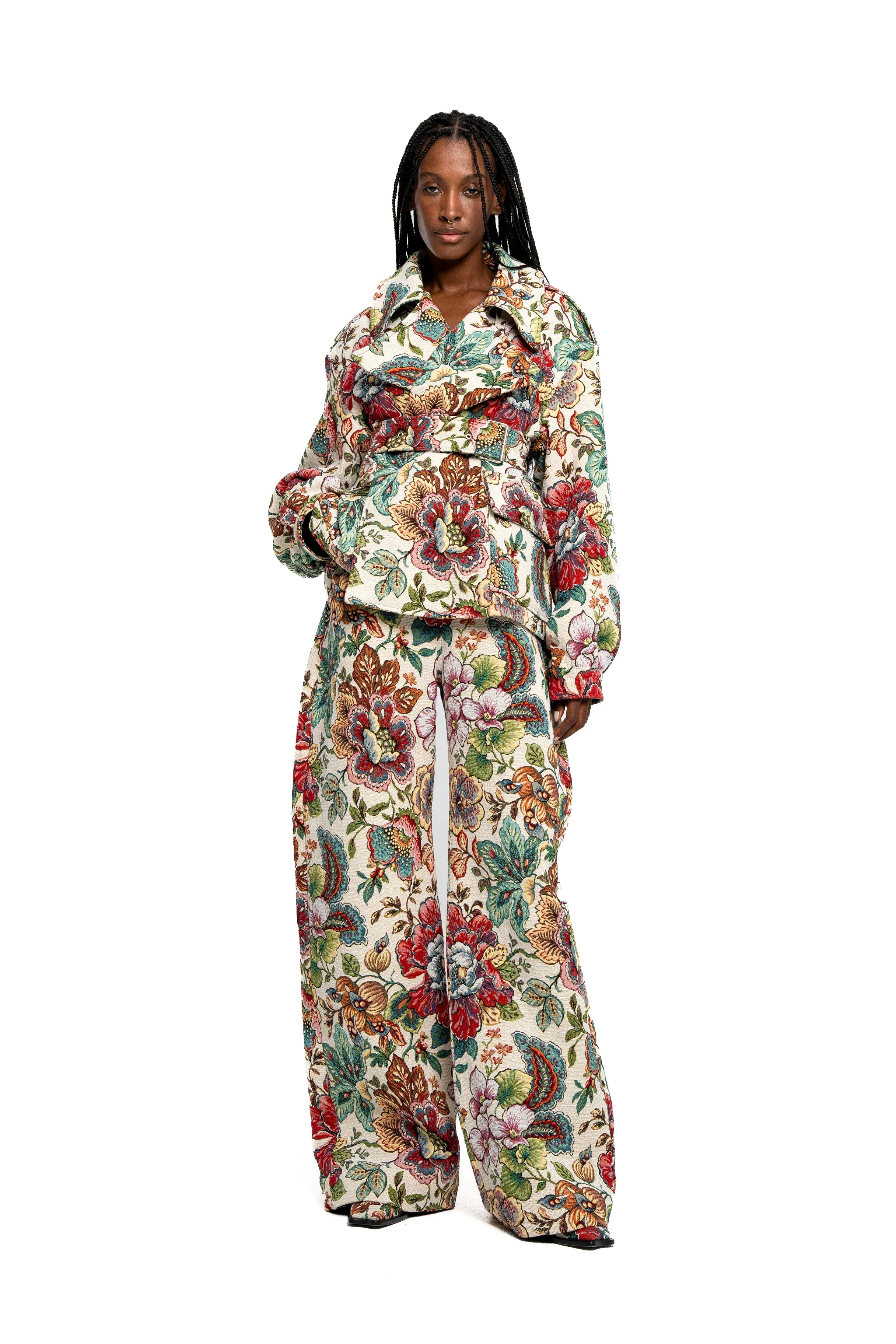 WHITE FLORAL BROCADE CROPPED TRENCH COAT STYLE JACKET