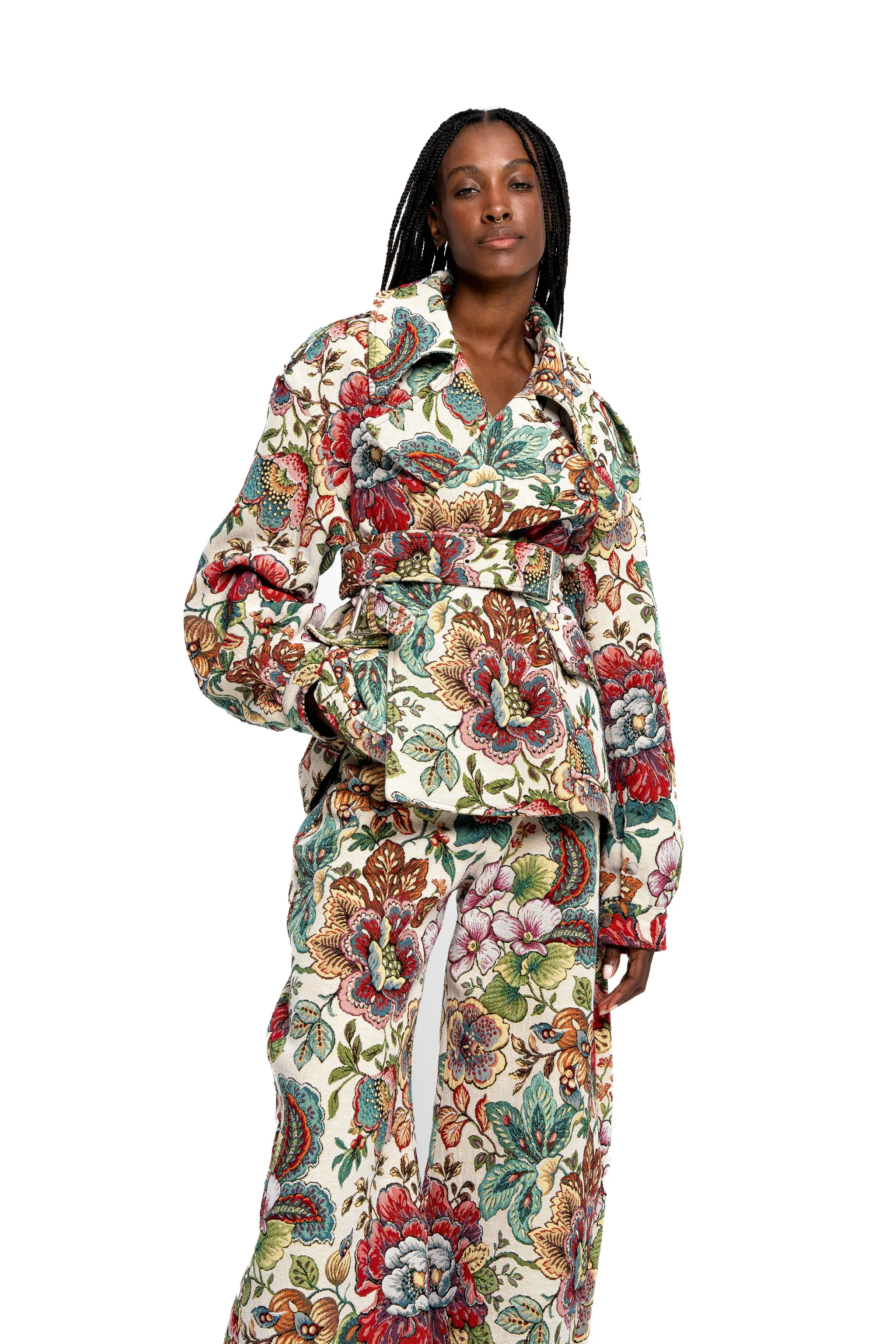 WHITE FLORAL BROCADE CROPPED TRENCH COAT STYLE JACKET