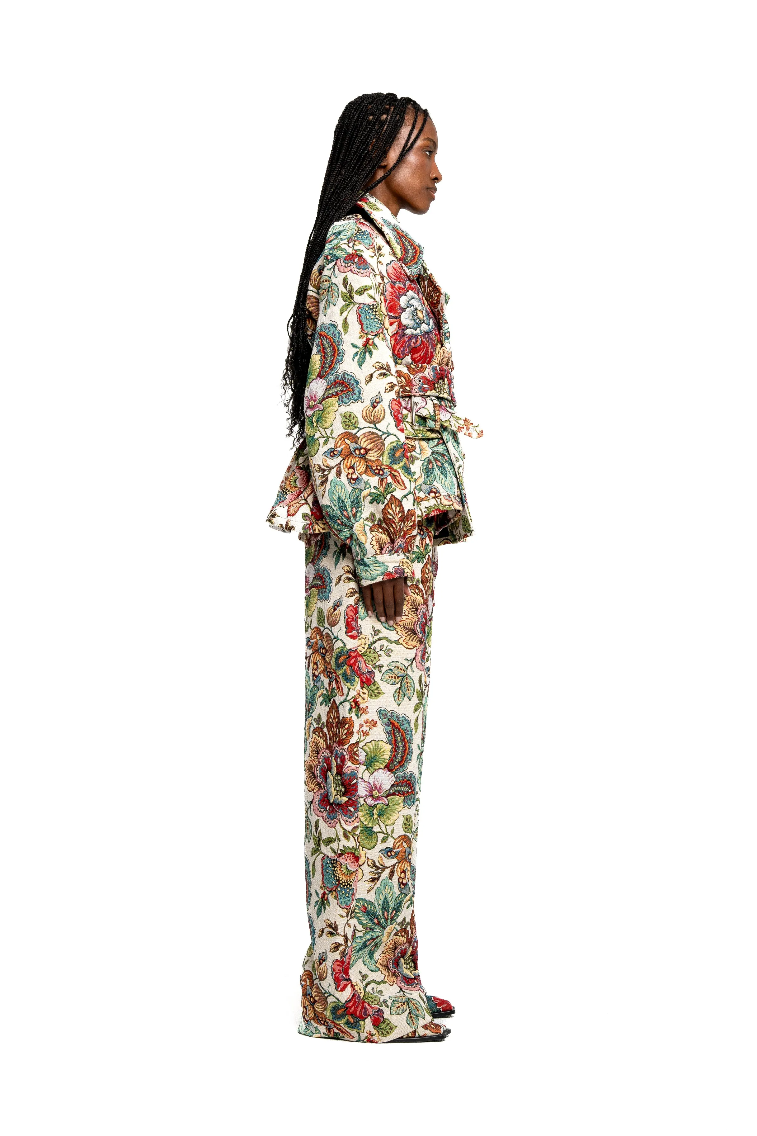 WHITE FLORAL BROCADE CROPPED TRENCH COAT STYLE JACKET