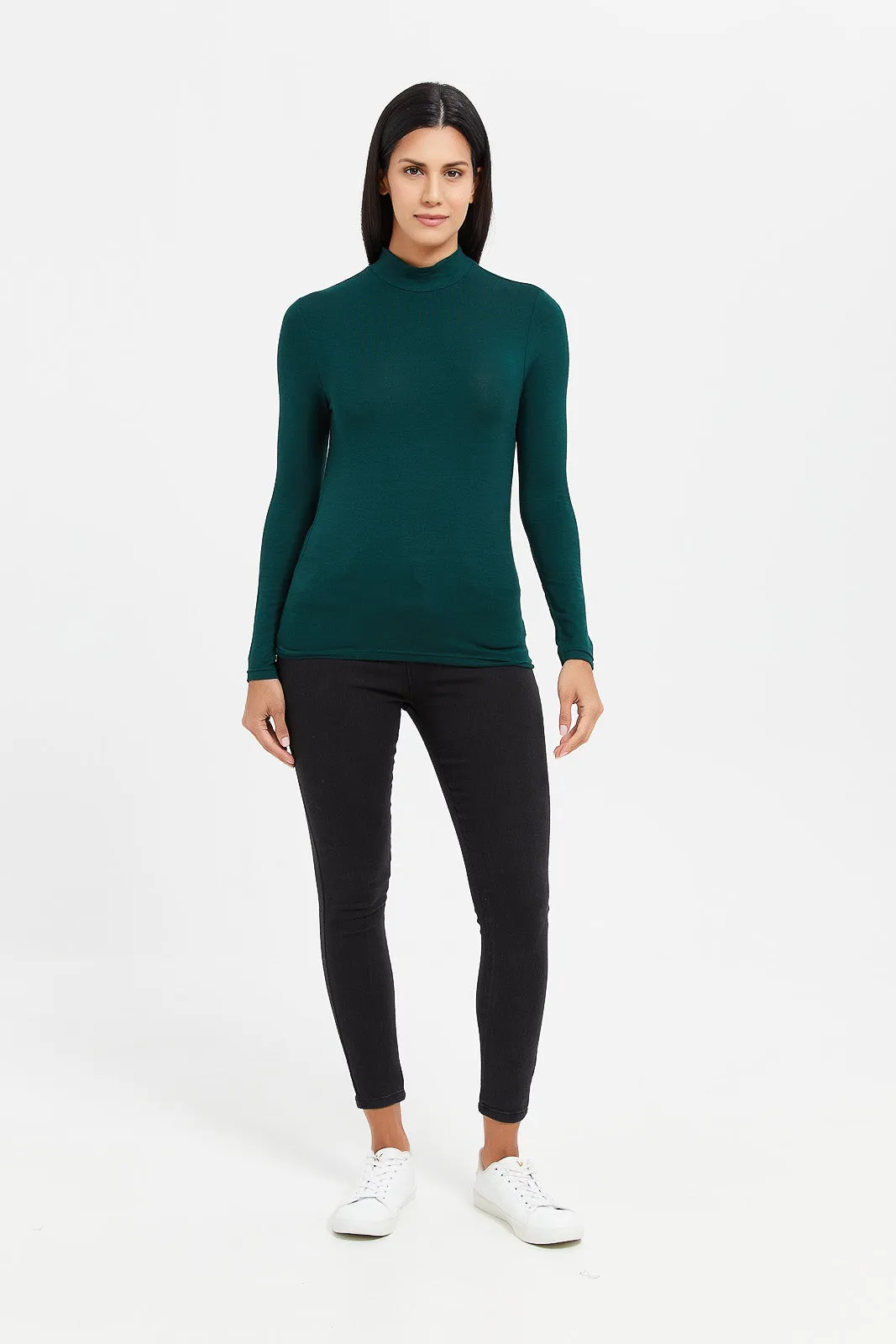 Women Green Long Sleeve High Neck T-Shirt