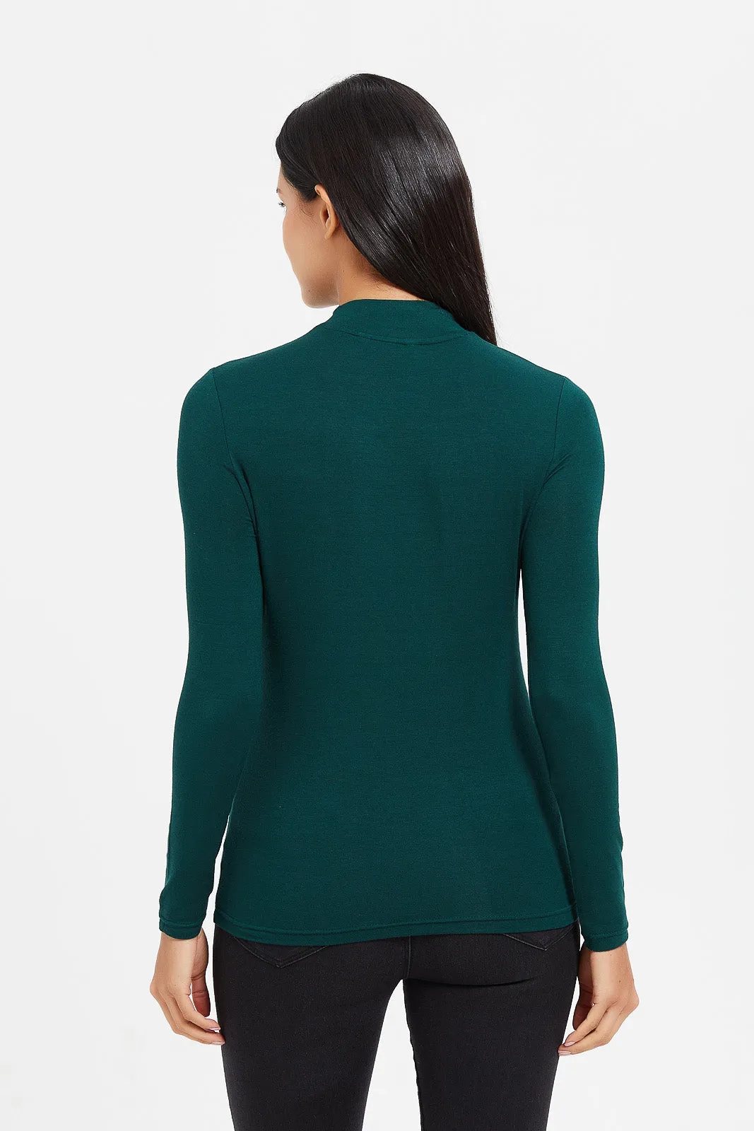 Women Green Long Sleeve High Neck T-Shirt