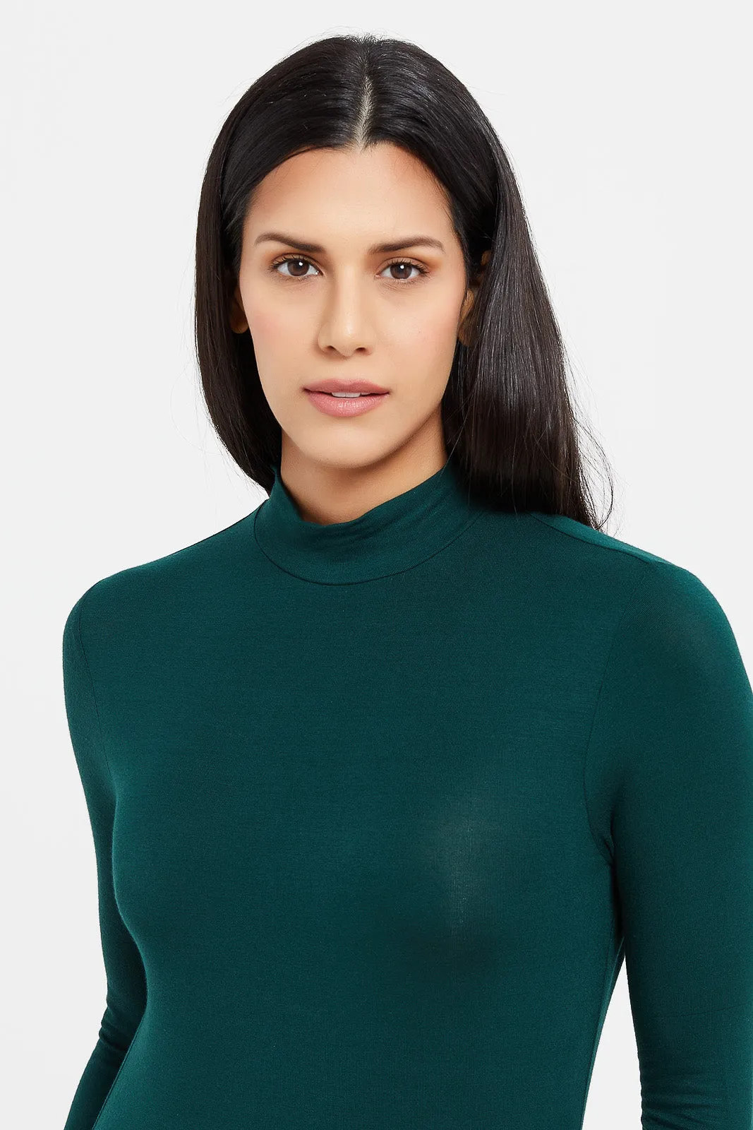 Women Green Long Sleeve High Neck T-Shirt