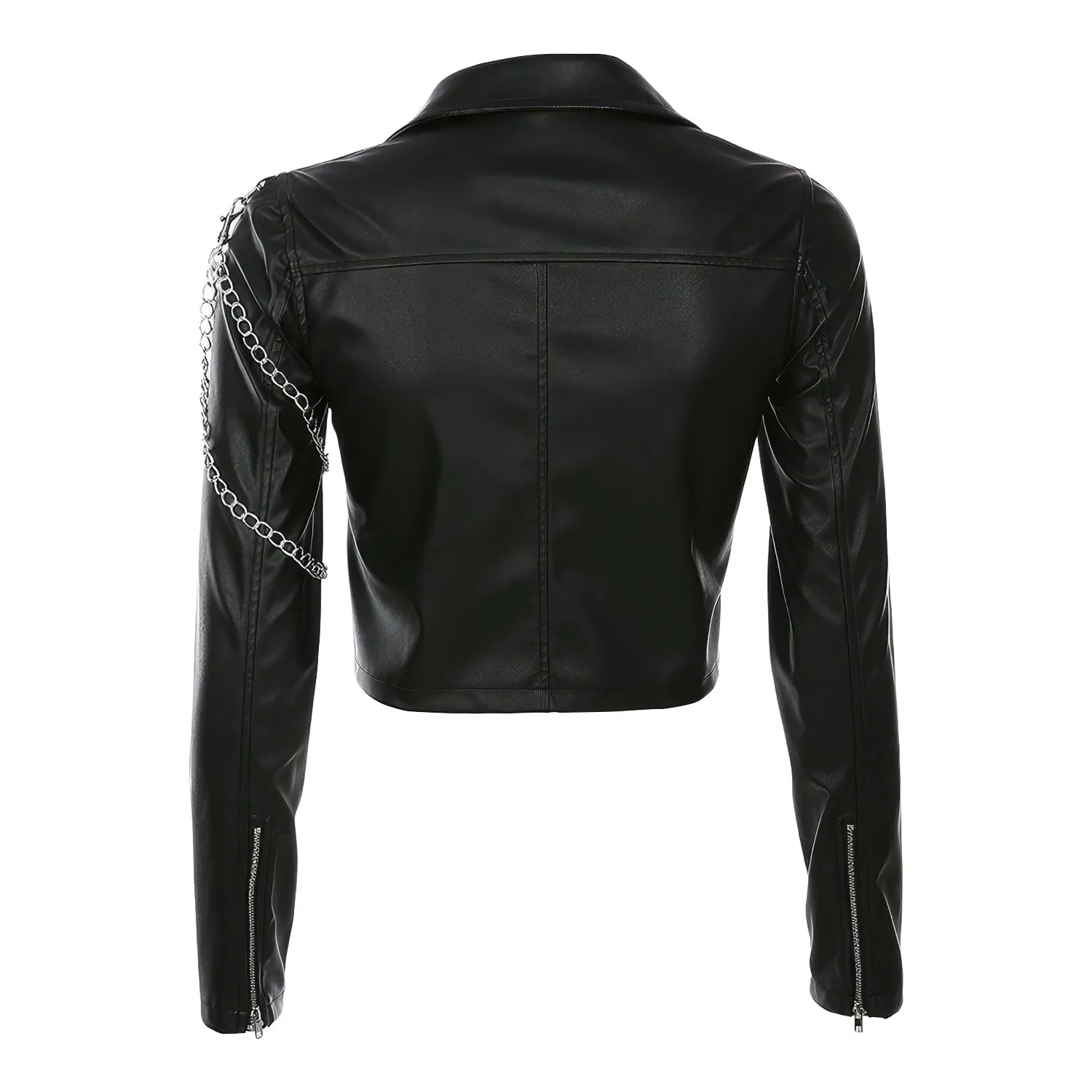 Women’s Black Biker Genuine Sheepskin Lapel Collar Café Racer Classic Slim Fit Epaulet Chain Asymmetric Punk Leather Jacket