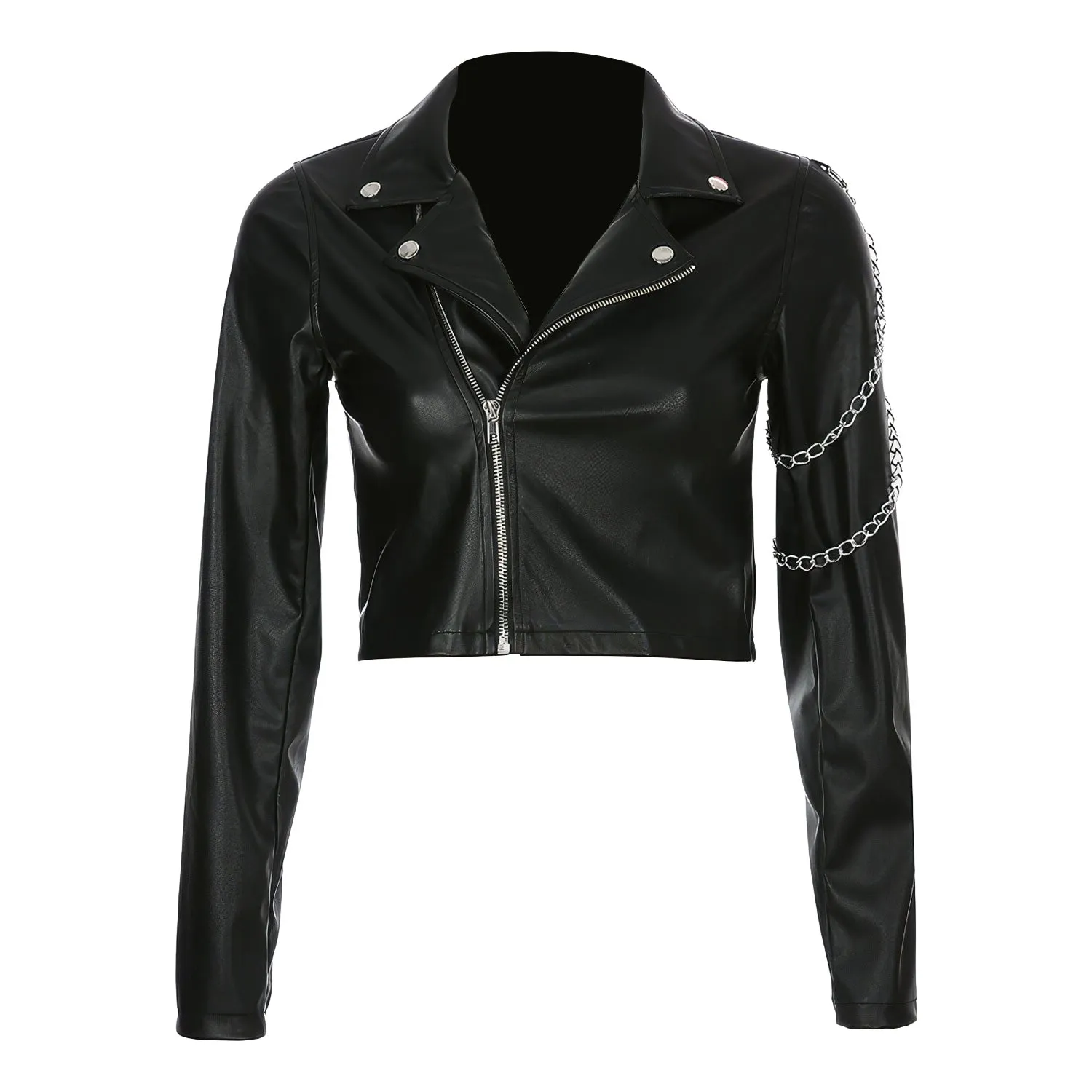 Women’s Black Biker Genuine Sheepskin Lapel Collar Café Racer Classic Slim Fit Epaulet Chain Asymmetric Punk Leather Jacket