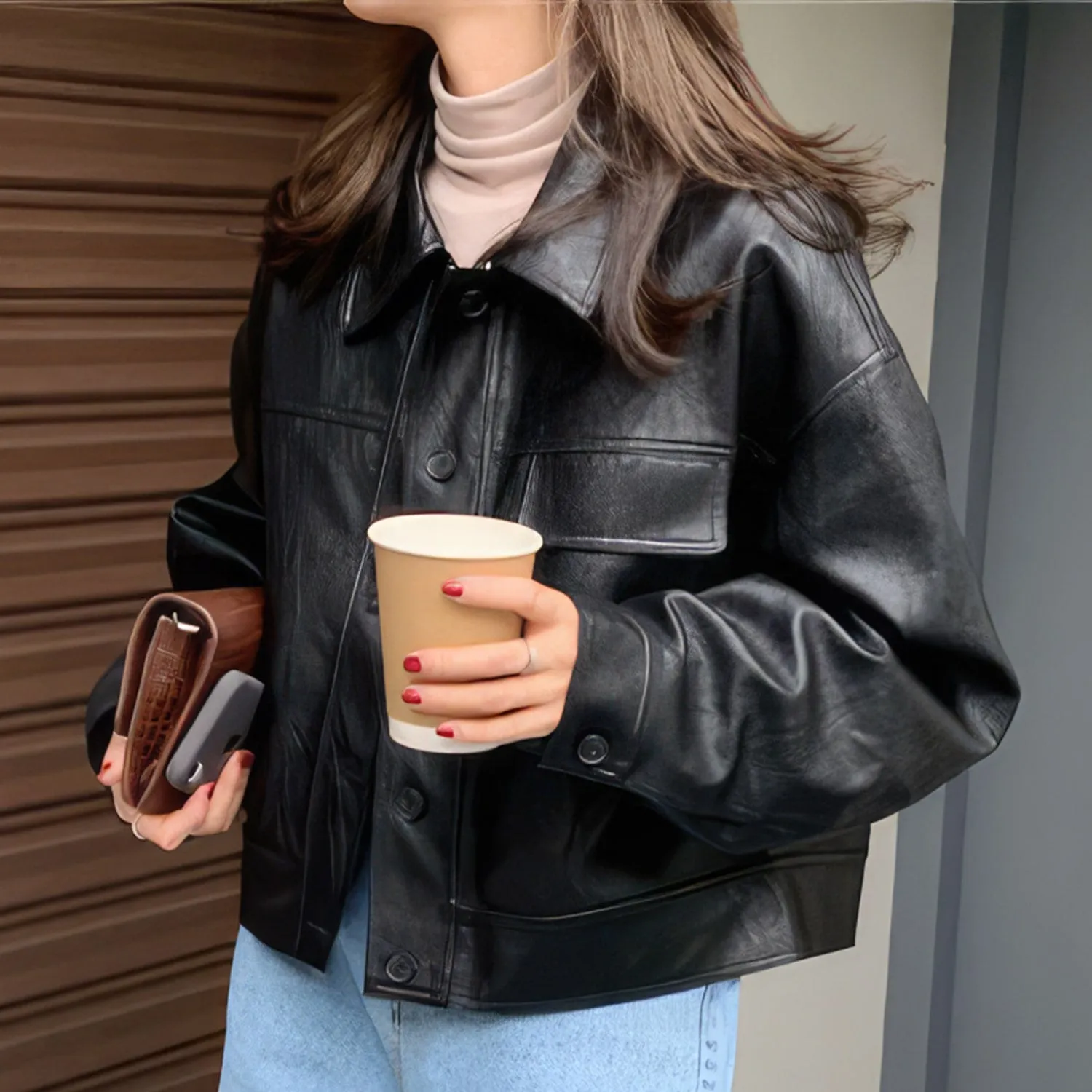 Women’s Black Genuine Sheepskin Drop Shoulders Casual Classic Motor Biker Racer Short Fashionable Lightweight Leather Jacket