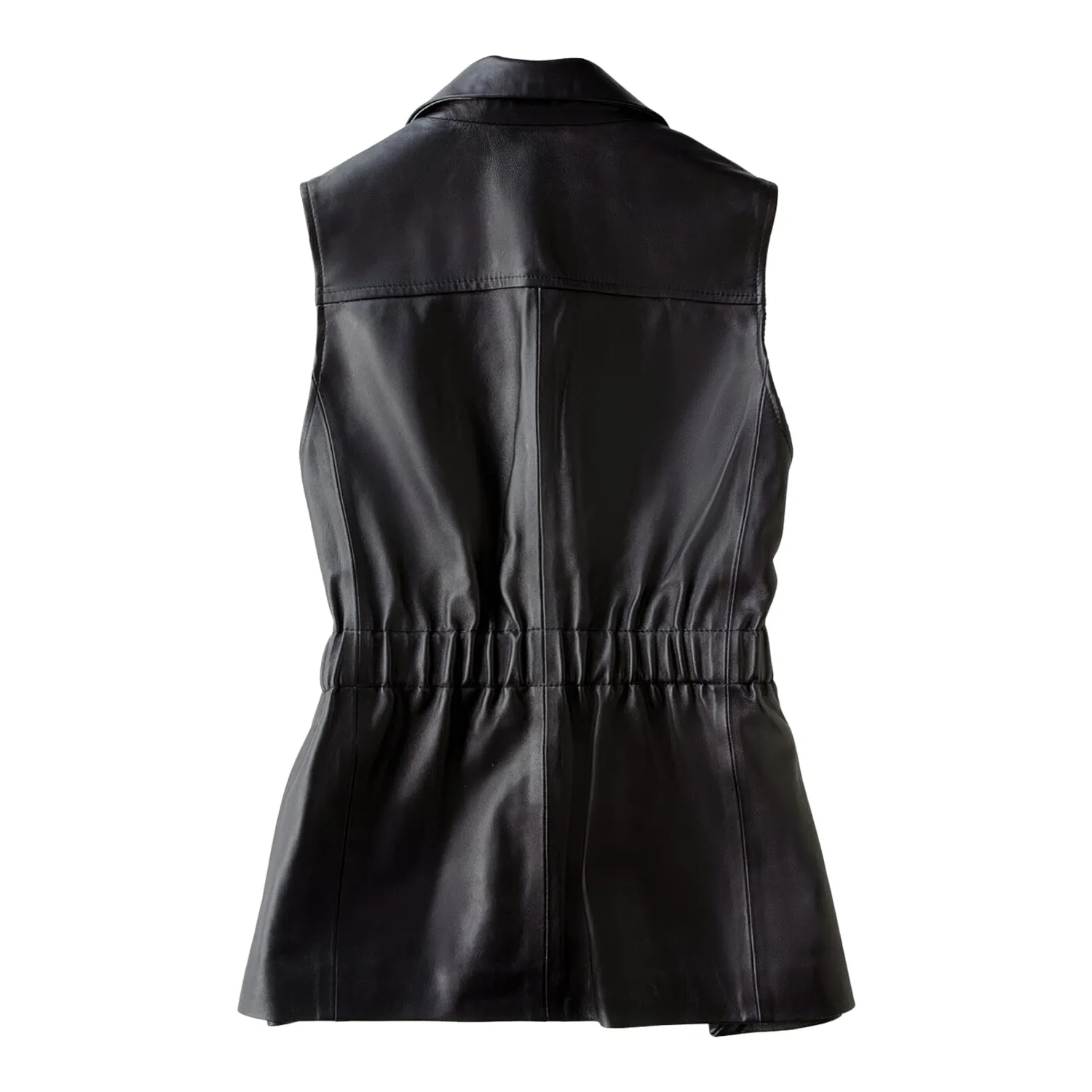 Women’s Black Genuine Sheepskin Lapel Collar Sleeveless Top Belted Motorcycle Sporty Biker Slim Fit Leather Waistcoat