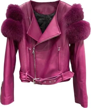 Women’s Burgundy Wine  Genuine Lambskin Sherpa Shearling Faux Fur Fluffy Sleeves Classic Outfit Smooth Lightweight Leather Jacket