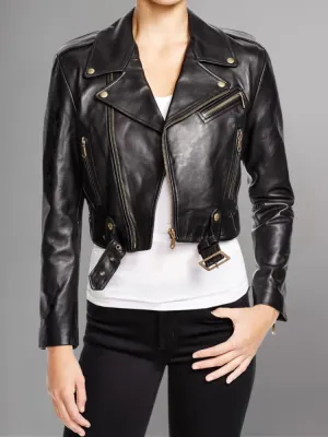 Women’s Cropped Belted Black Leather Jacket