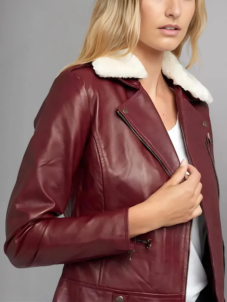 WOMEN'S FUR COLLAR MAROON LEATHER JACKET