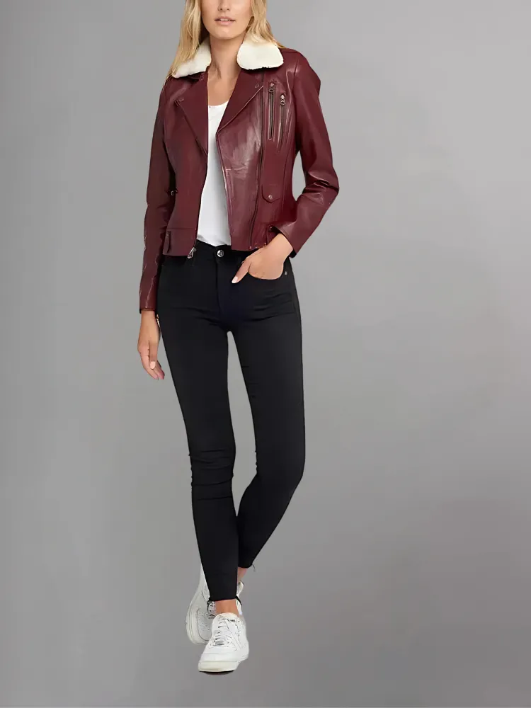 WOMEN'S FUR COLLAR MAROON LEATHER JACKET