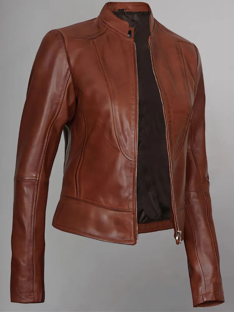 Women's Leather Collarless Jacket