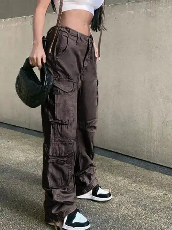 Women’s Straight High Waist Loose Wide Leg Retro Daddy Cargo Pants