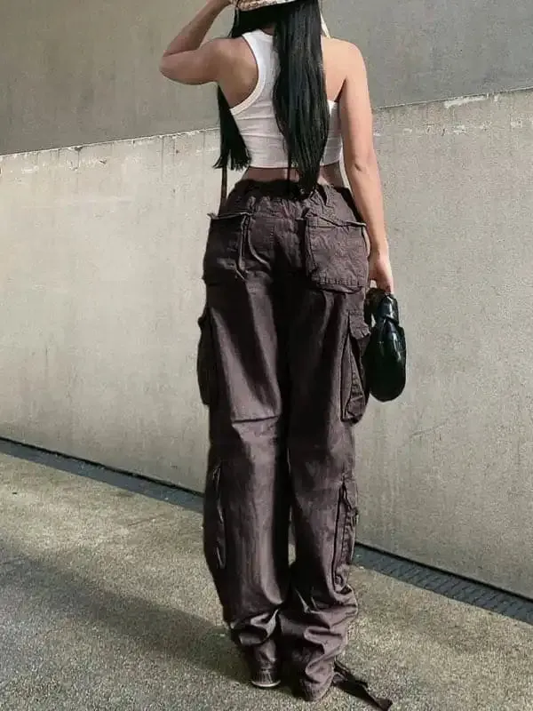 Women’s Straight High Waist Loose Wide Leg Retro Daddy Cargo Pants