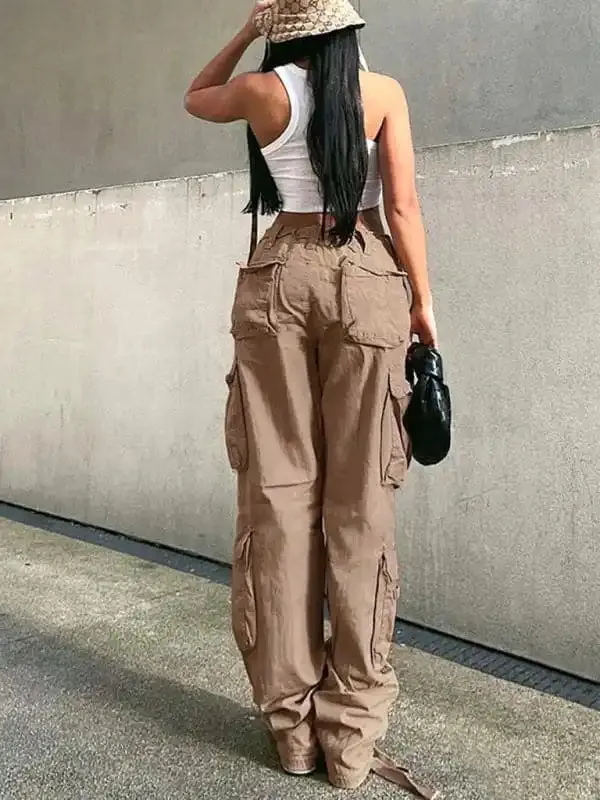 Women’s Straight High Waist Loose Wide Leg Retro Daddy Cargo Pants