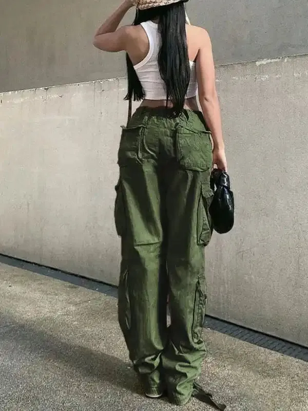 Women’s Straight High Waist Loose Wide Leg Retro Daddy Cargo Pants