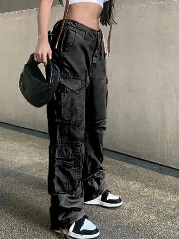 Women’s Straight High Waist Loose Wide Leg Retro Daddy Cargo Pants