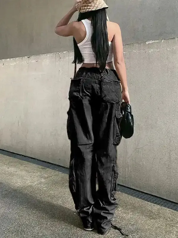 Women’s Straight High Waist Loose Wide Leg Retro Daddy Cargo Pants